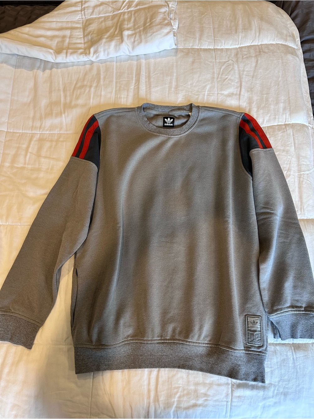 adidas Men’s Gray Crewneck Sweatshirt with Orange Shoulder Stripes